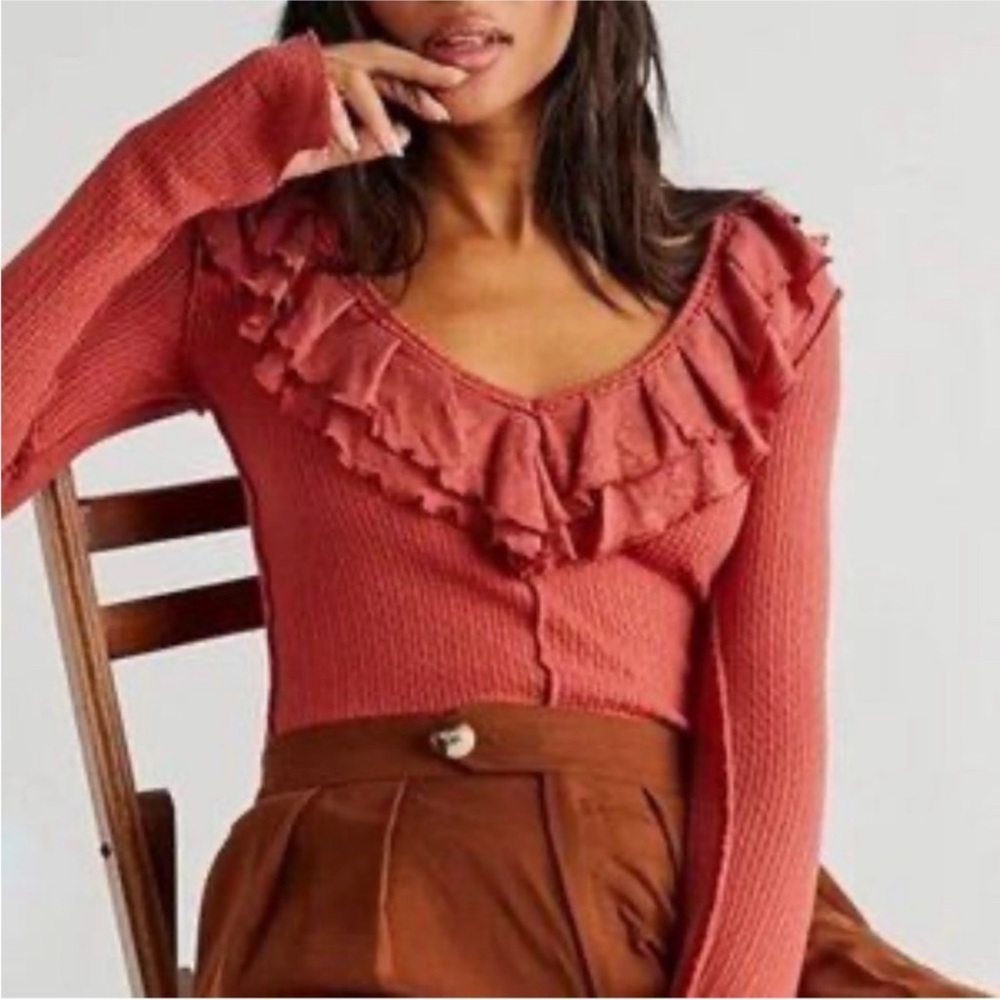 Free People Coral Ruffle Long Sleeve Top